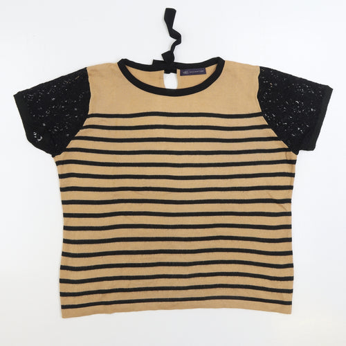 Marks and Spencer Womens Brown Round Neck Striped Viscose Pullover Jumper Size 16 - Lace sleeve detail
