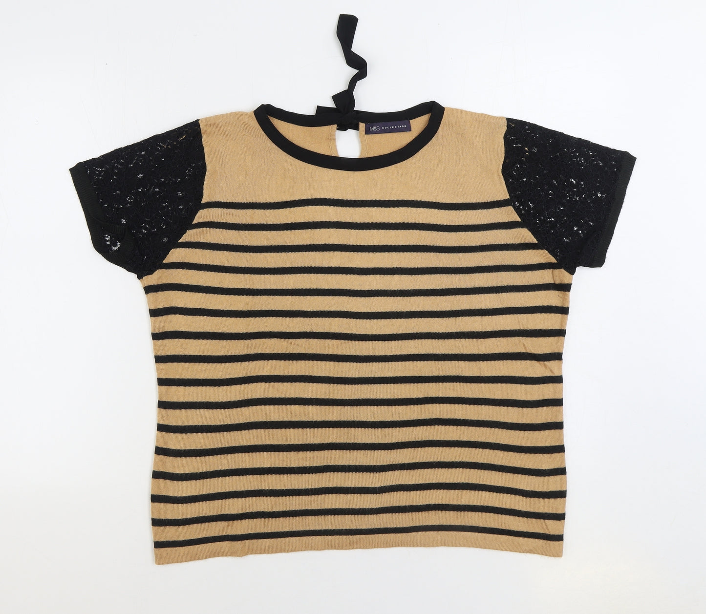 Marks and Spencer Womens Brown Round Neck Striped Viscose Pullover Jumper Size 16 - Lace sleeve detail
