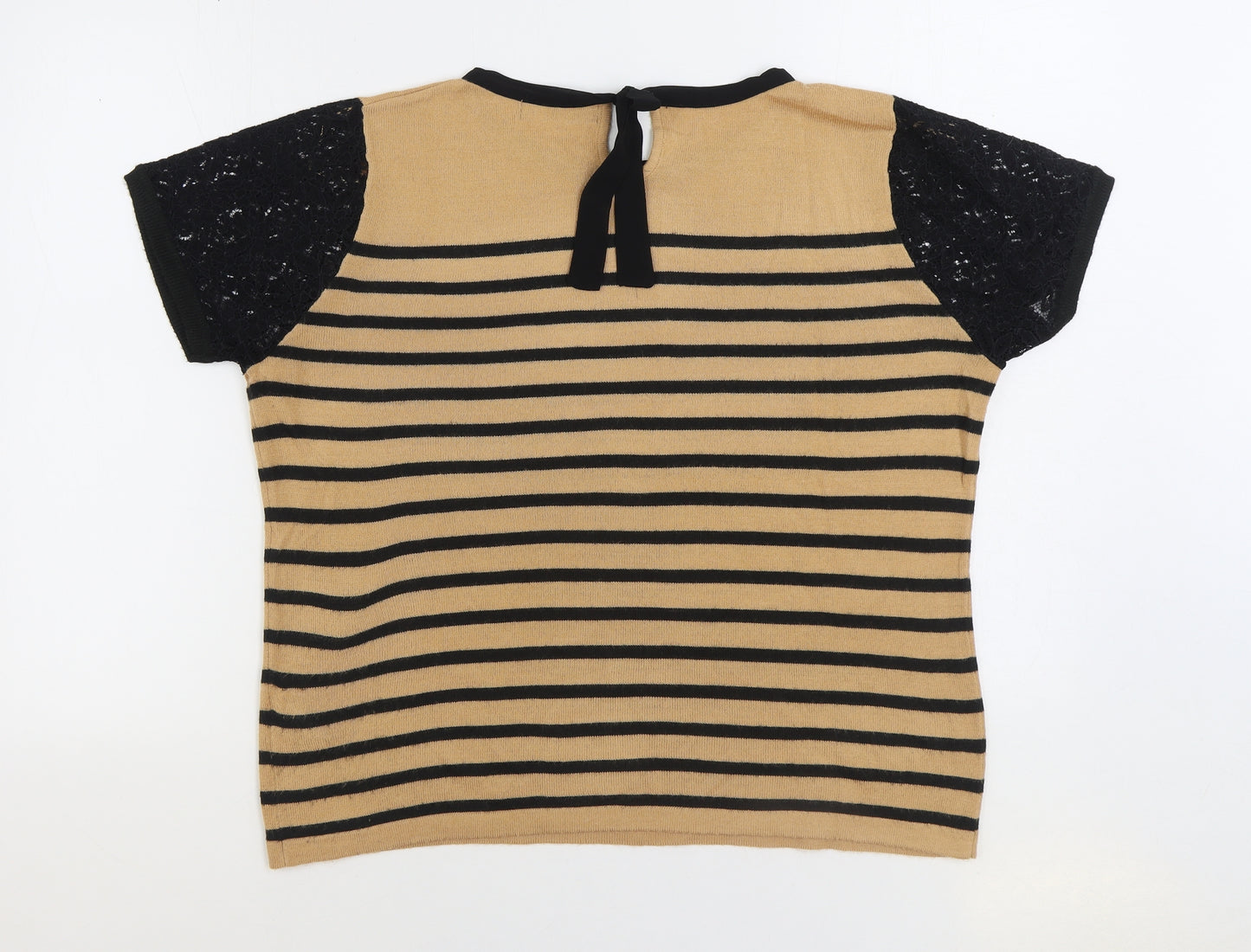 Marks and Spencer Womens Brown Round Neck Striped Viscose Pullover Jumper Size 16 - Lace sleeve detail