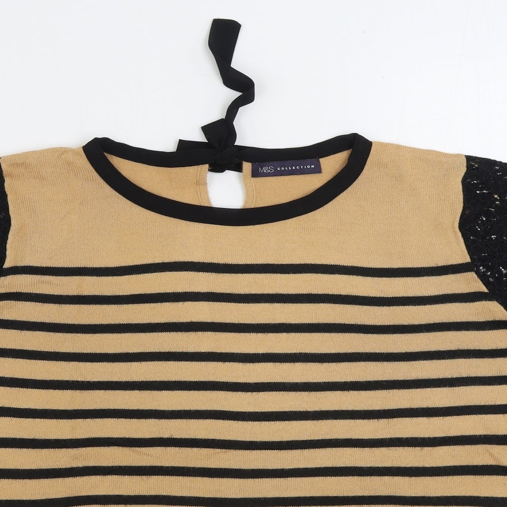Marks and Spencer Womens Brown Round Neck Striped Viscose Pullover Jumper Size 16 - Lace sleeve detail