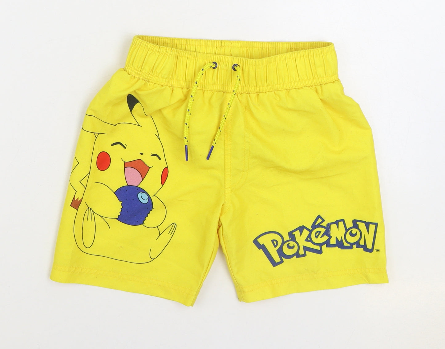 Primark Boys Yellow Polyester Sweat Shorts Size 6-7 Years Regular Drawstring - Pokemon Pikachu Swim Trunks