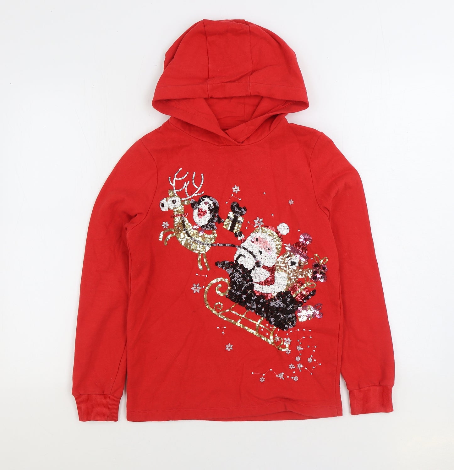 F&F Girls Red Cotton Pullover Hoodie Size 11-12 Years Pullover - Christmas Santa