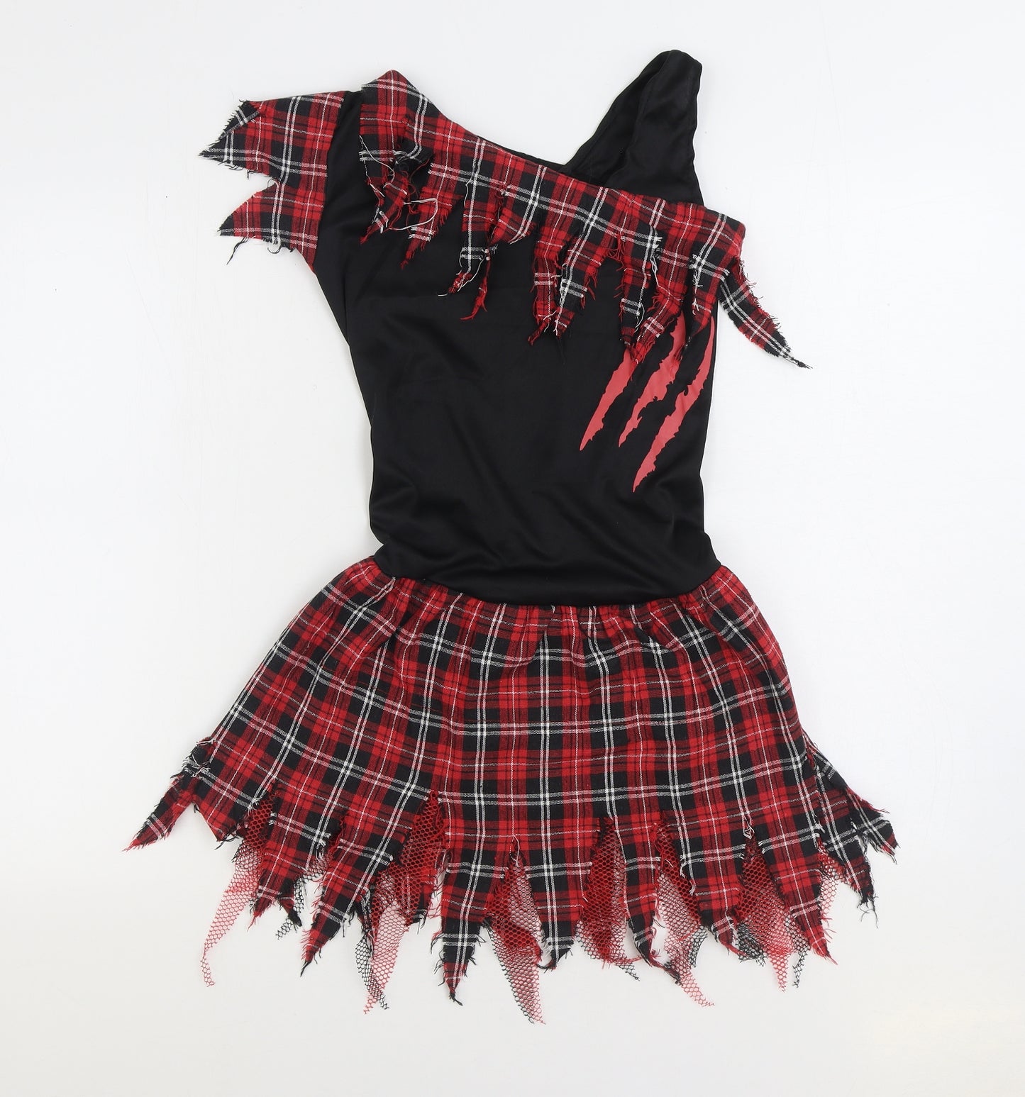 Preworn Girls Black Plaid Polyester Skater Dress Size 11-12 Years One Shoulder Pullover - Fancy Dress