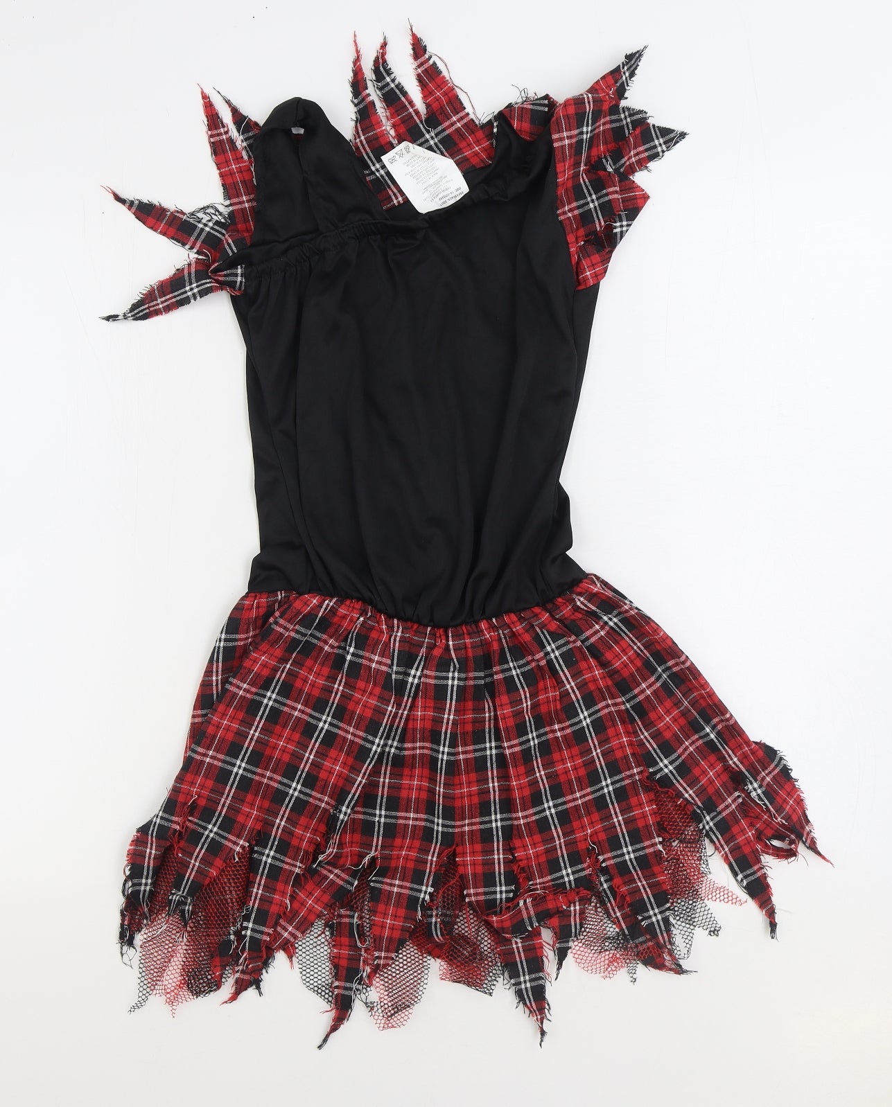 Preworn Girls Black Plaid Polyester Skater Dress Size 11-12 Years One Shoulder Pullover - Fancy Dress