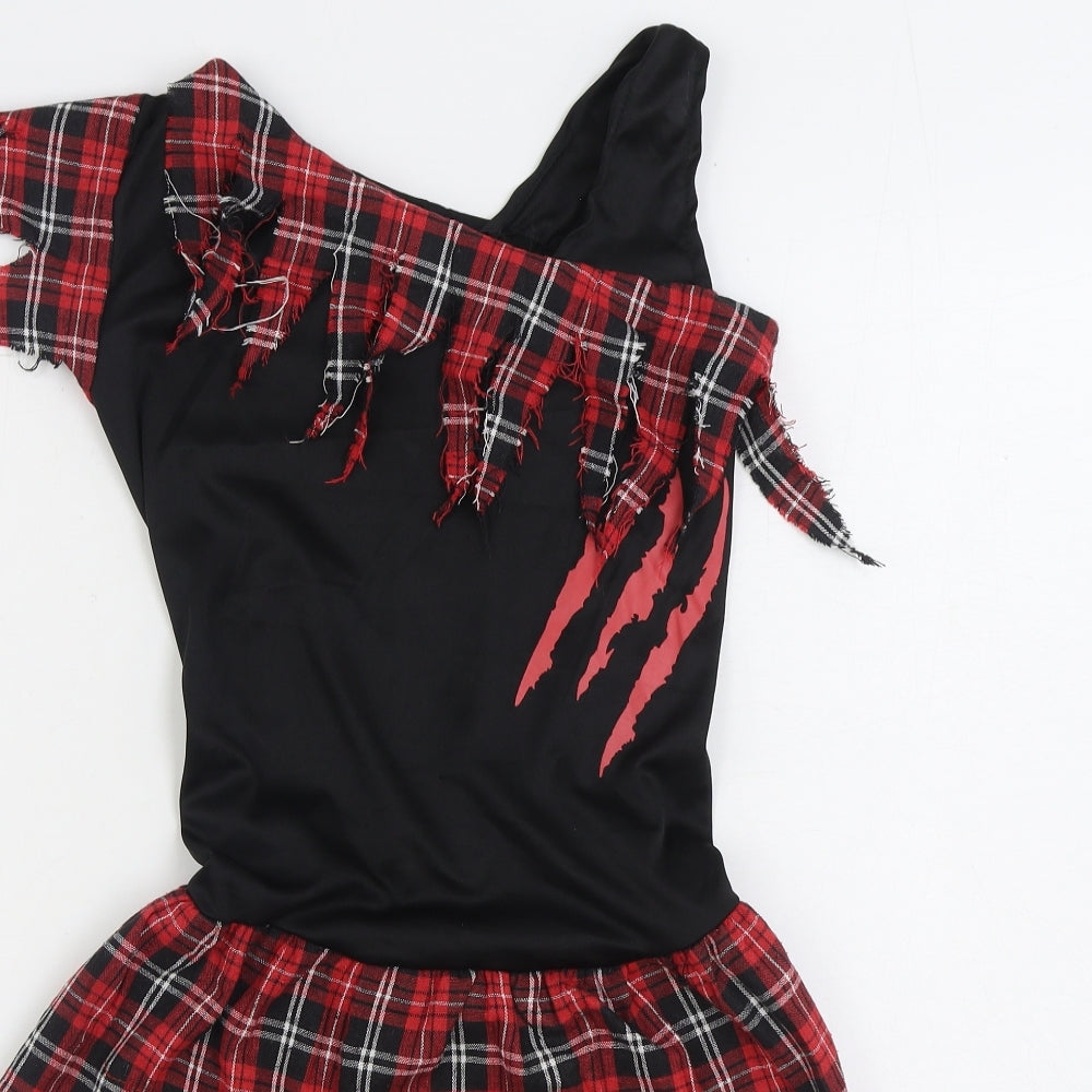 Preworn Girls Black Plaid Polyester Skater Dress Size 11-12 Years One Shoulder Pullover - Fancy Dress