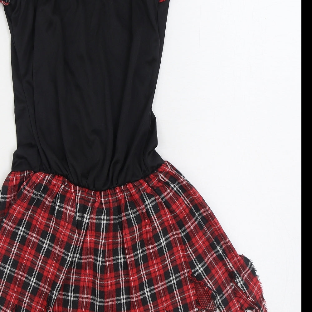Preworn Girls Black Plaid Polyester Skater Dress Size 11-12 Years One Shoulder Pullover - Fancy Dress