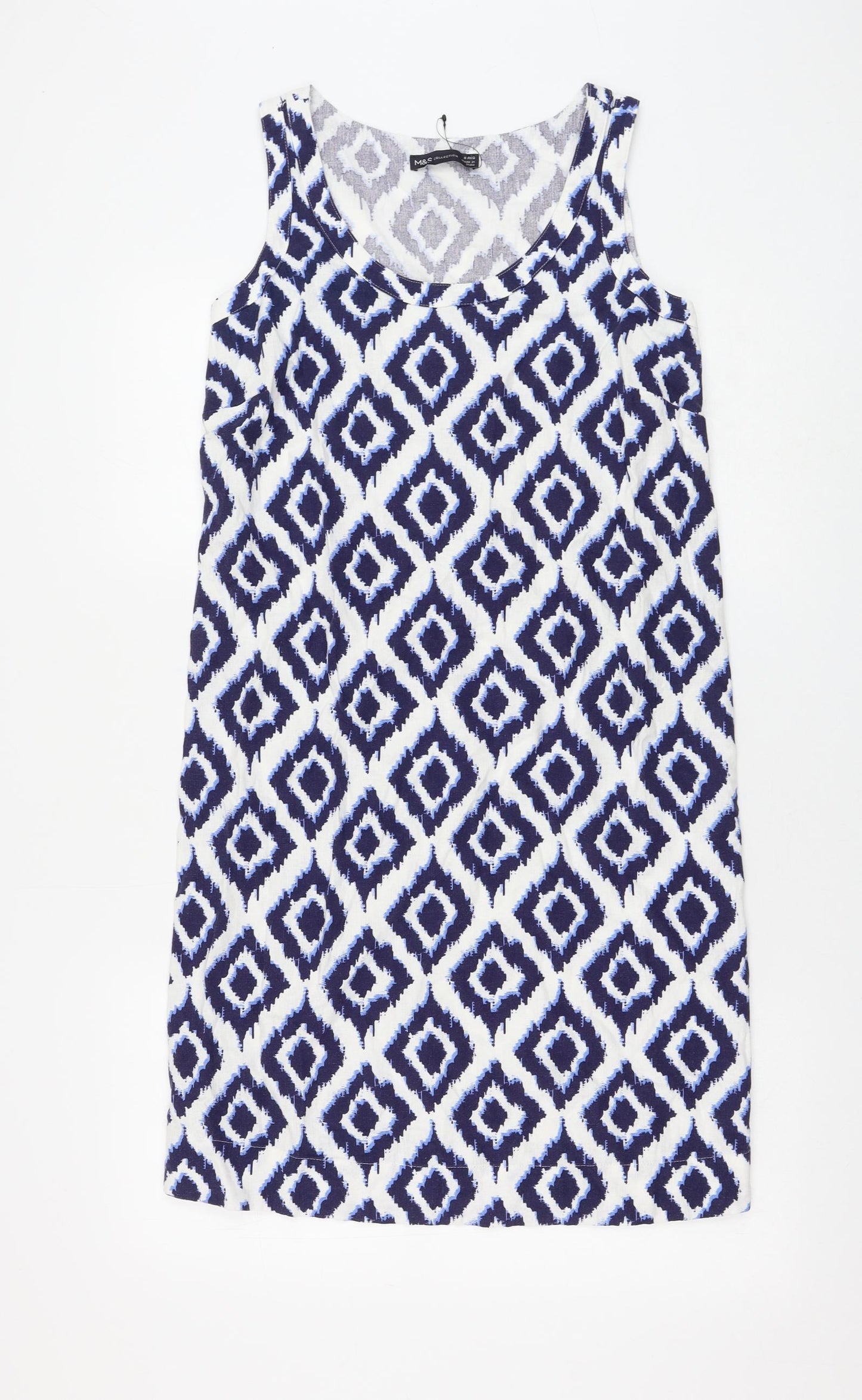 Marks and Spencer Womens White Geometric Flax Sheath Size 6 Scoop Neck Pullover