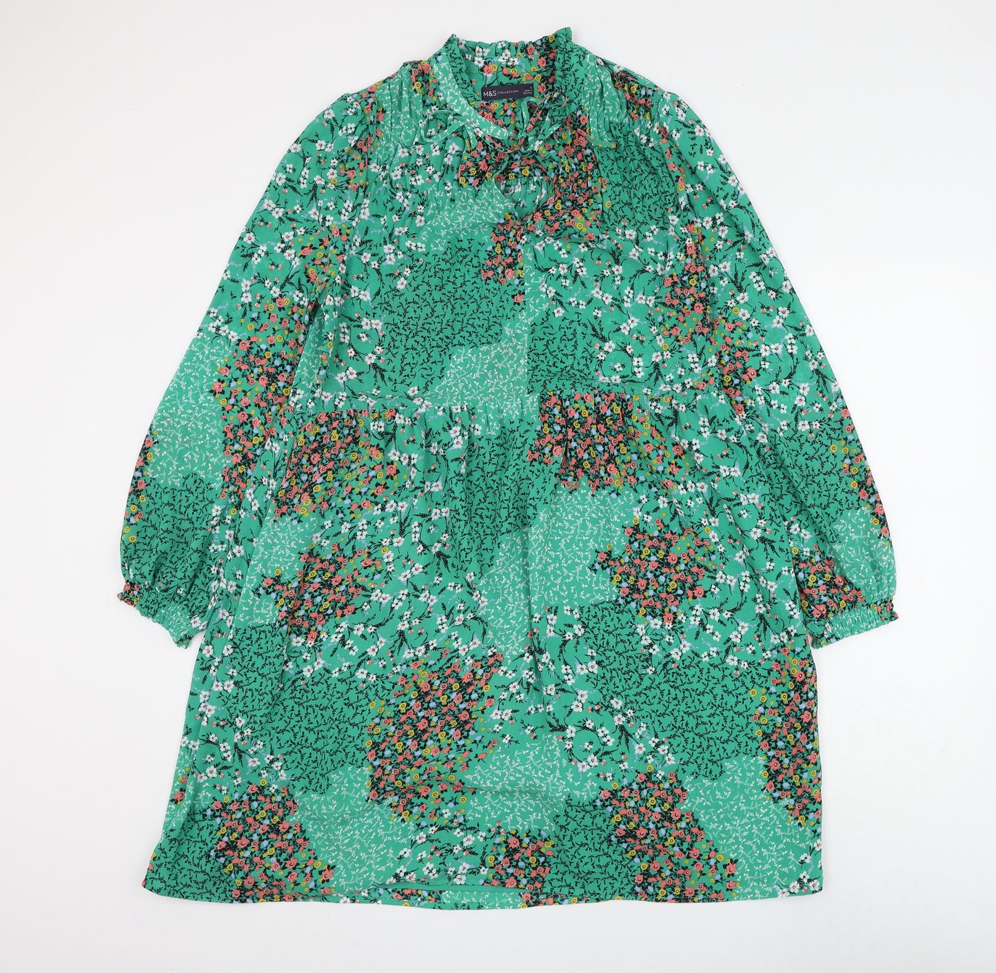 Marks and Spencer Womens Green Floral Polyester Shift Size 12 Round Neck Tie