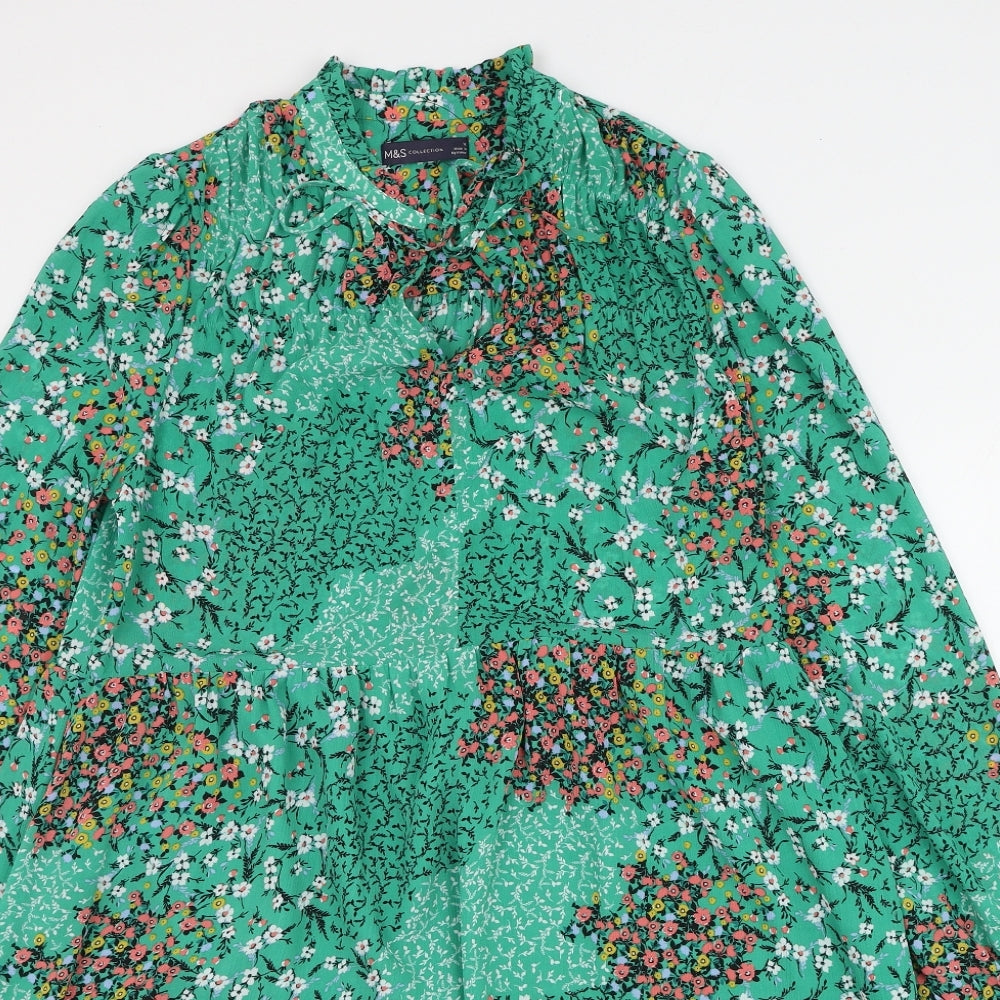 Marks and Spencer Womens Green Floral Polyester Shift Size 12 Round Neck Tie