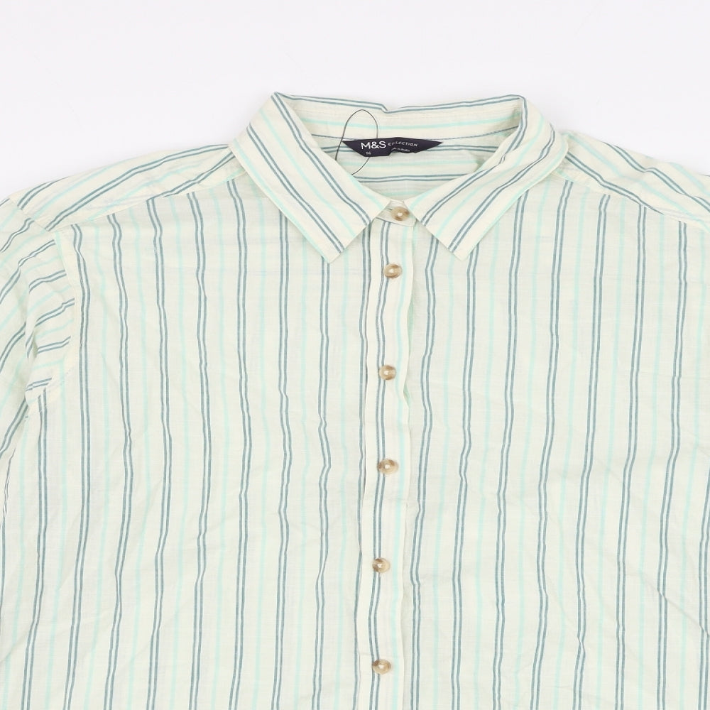 Marks and Spencer Womens Ivory Striped Cotton Basic Button-Up Size 16 Collared
