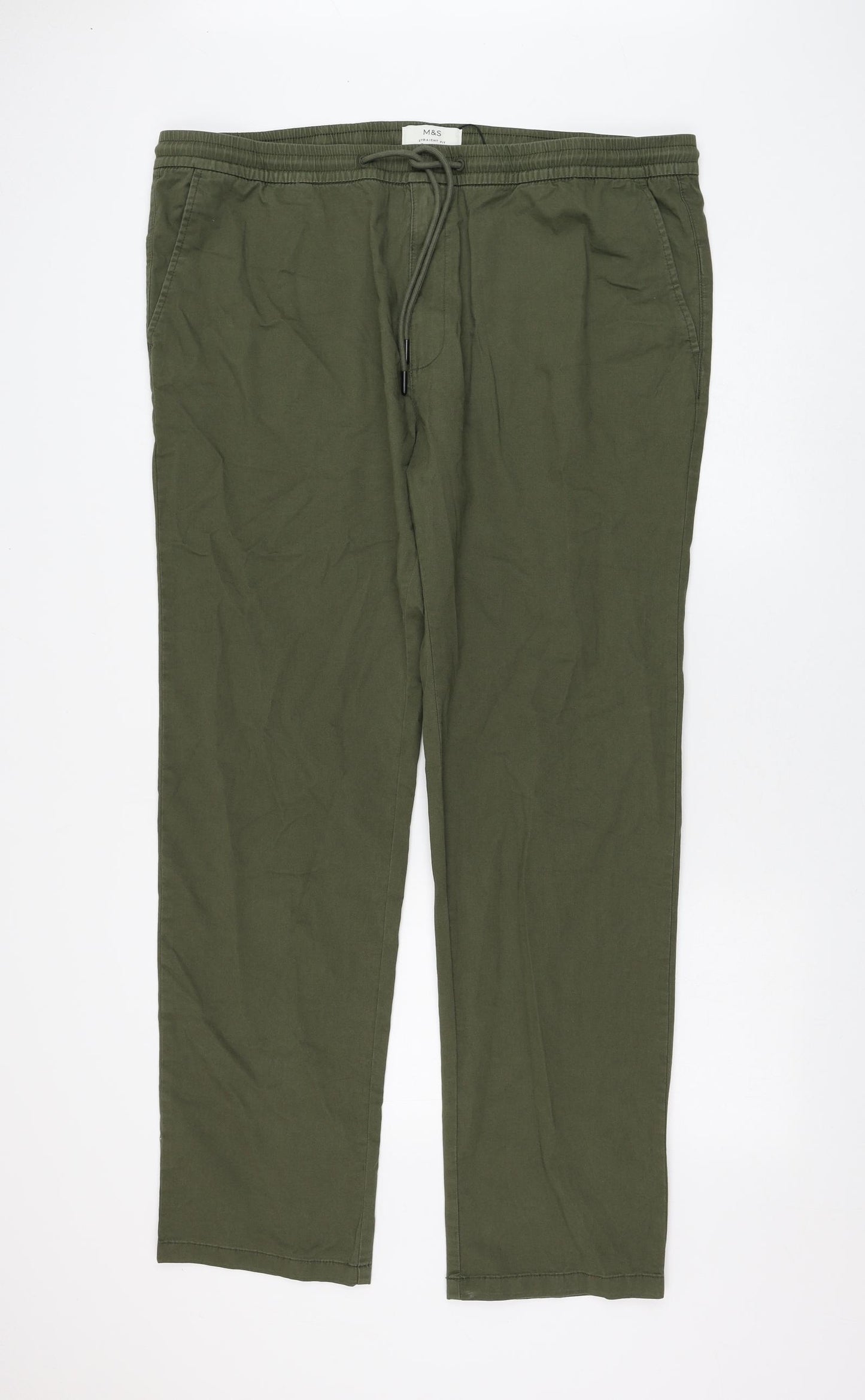 Marks and Spencer Mens Green Cotton Chino Trousers Size 2XL L32 in Regular Drawstring