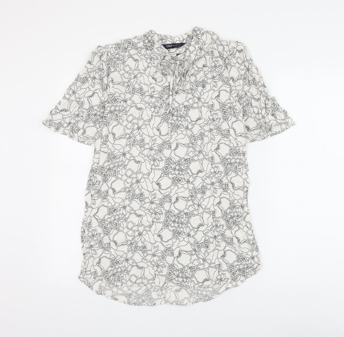Marks and Spencer Womens White Floral Viscose Basic Blouse Size 6 V-Neck