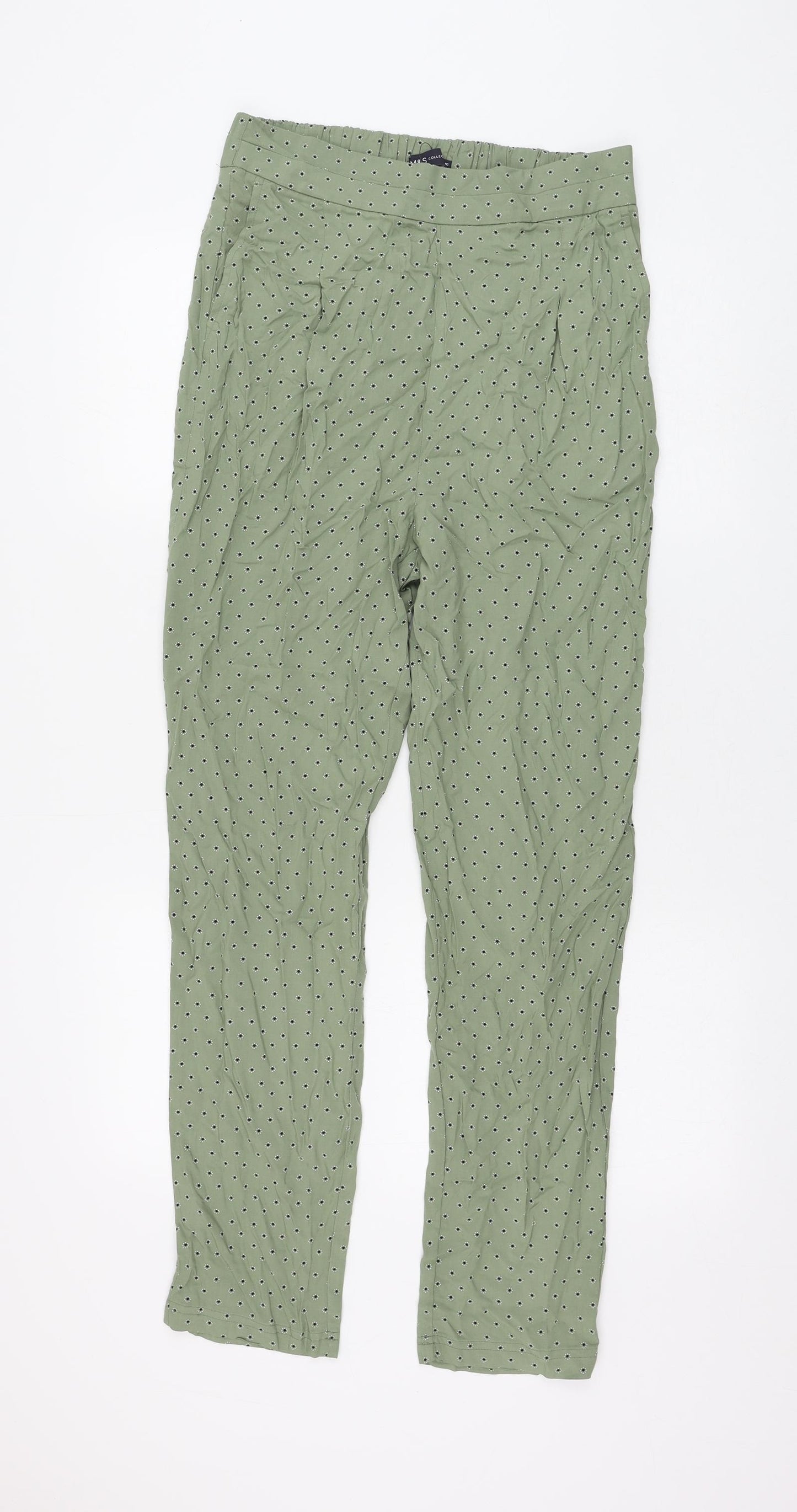 Marks and Spencer Womens Green Geometric Viscose Trousers Size 10 L28 in Regular