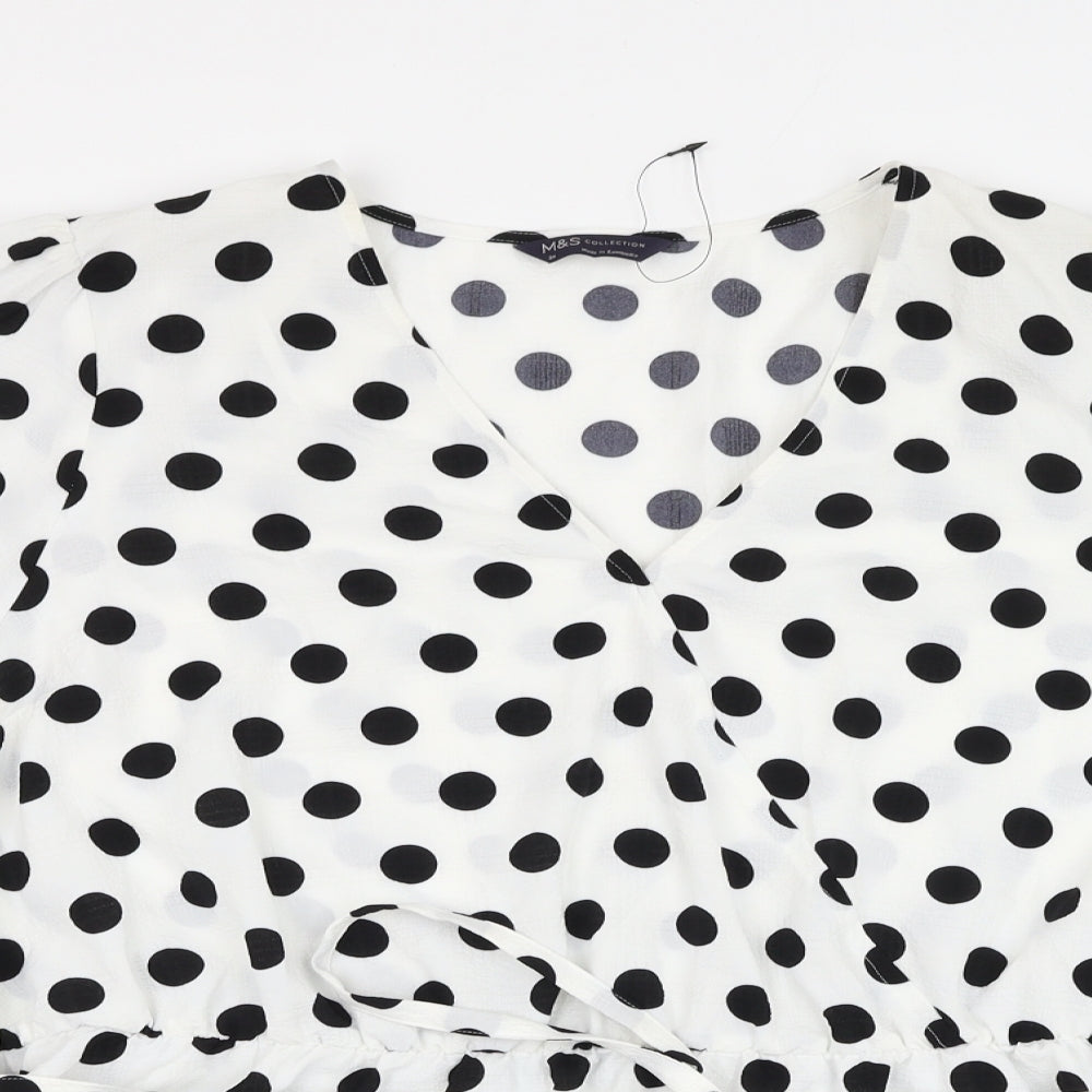 Marks and Spencer Womens White Polka Dot Polyester Basic Blouse Size 24 V-Neck
