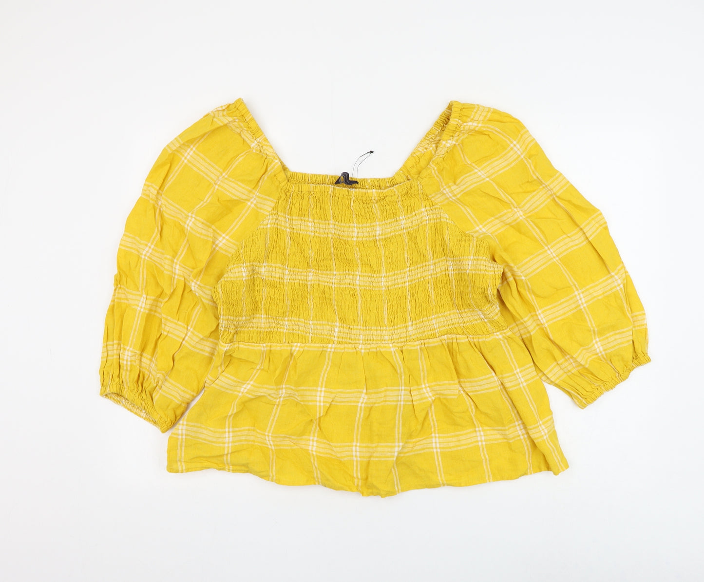 Marks and Spencer Womens Yellow Check Flax Basic Blouse Size 18 Square Neck
