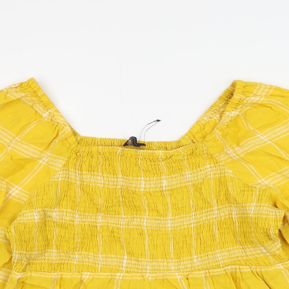 Marks and Spencer Womens Yellow Check Flax Basic Blouse Size 18 Square Neck