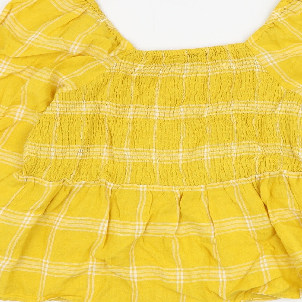 Marks and Spencer Womens Yellow Check Flax Basic Blouse Size 18 Square Neck