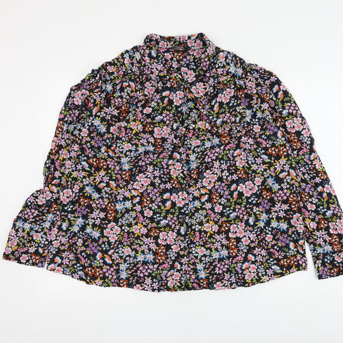 Marks and Spencer Womens Black Floral Viscose Basic Button-Up Size 16 Collared