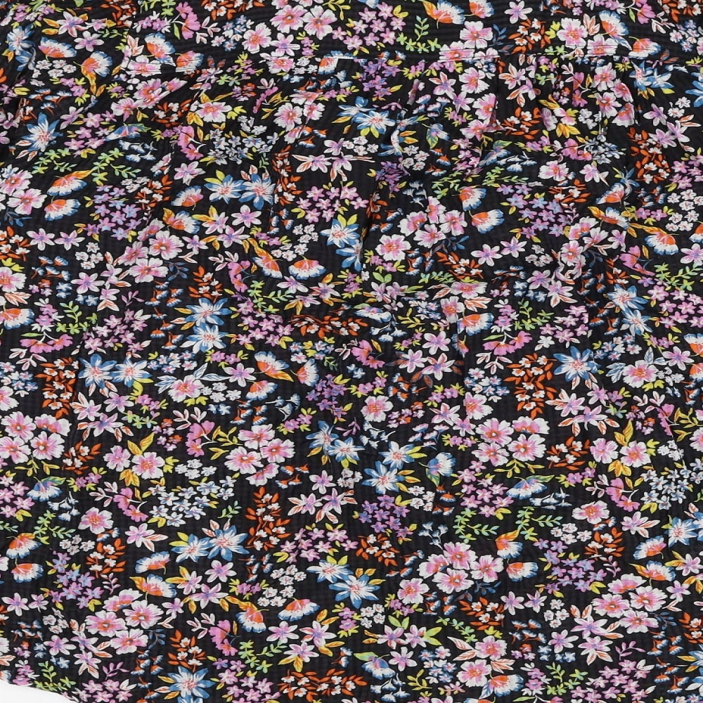 Marks and Spencer Womens Black Floral Viscose Basic Button-Up Size 16 Collared