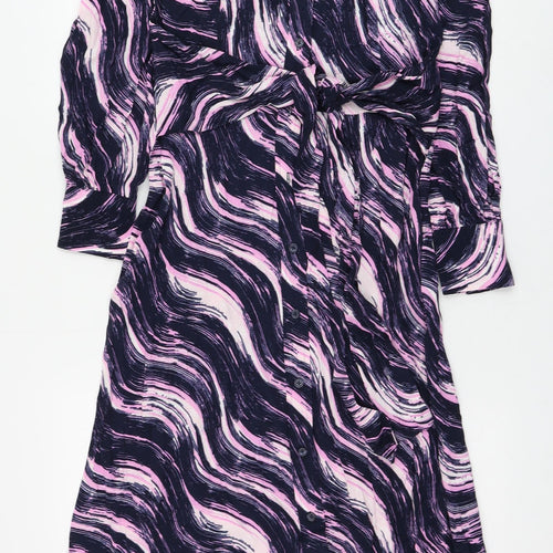 Marks and Spencer Womens Purple Geometric Viscose Shirt Dress Size 8 Collared Button