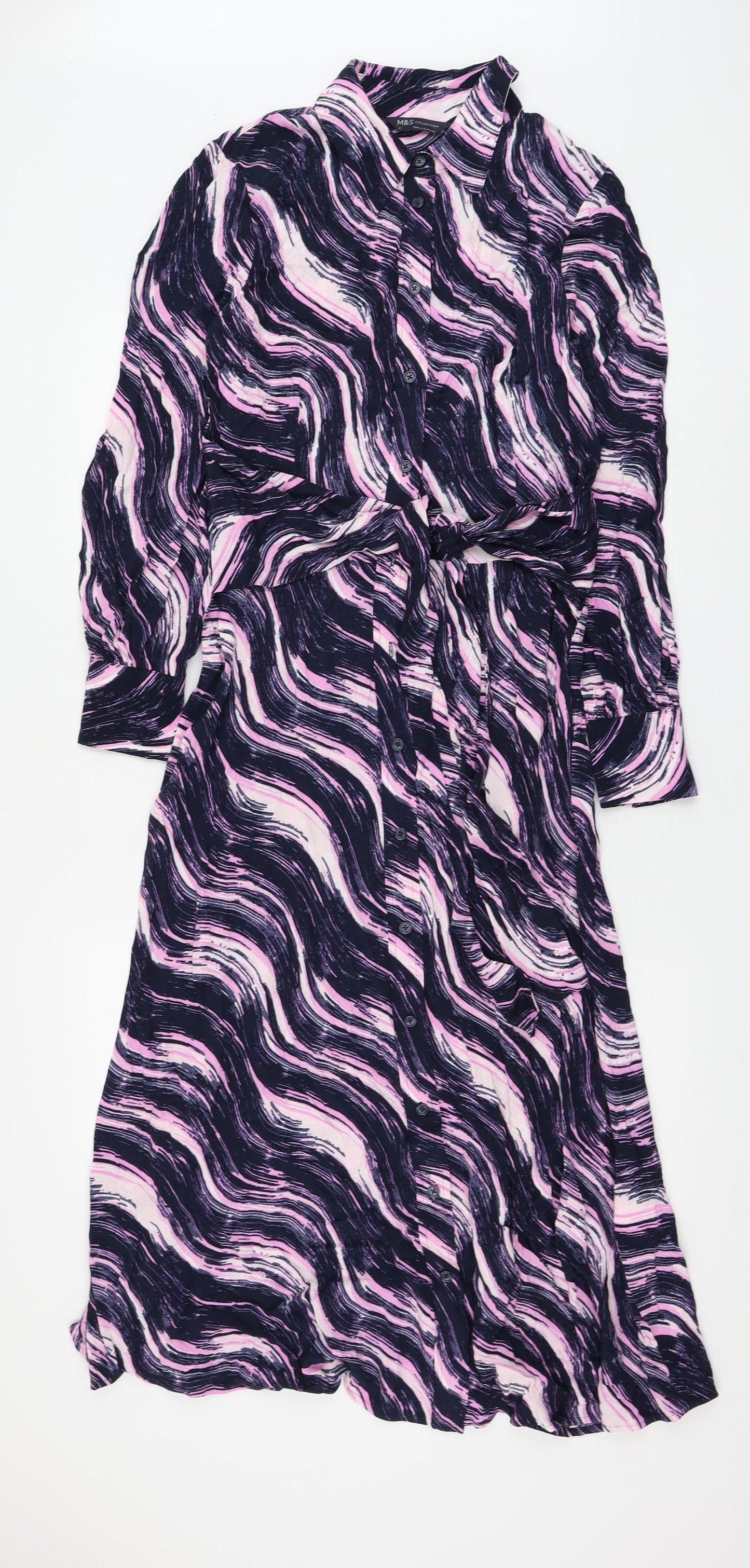 Marks and Spencer Womens Purple Geometric Viscose Shirt Dress Size 8 Collared Button