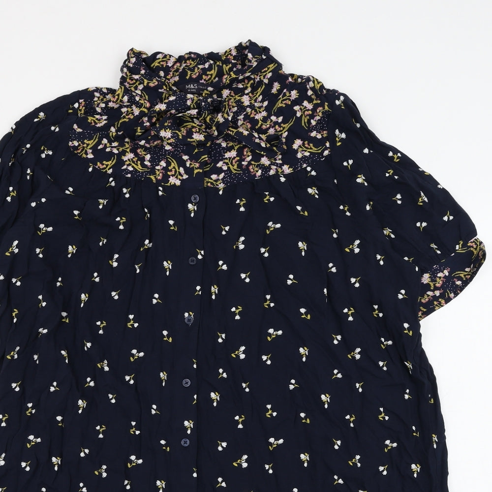 Marks and Spencer Womens Blue Floral Viscose Basic Blouse Size 18 Round Neck