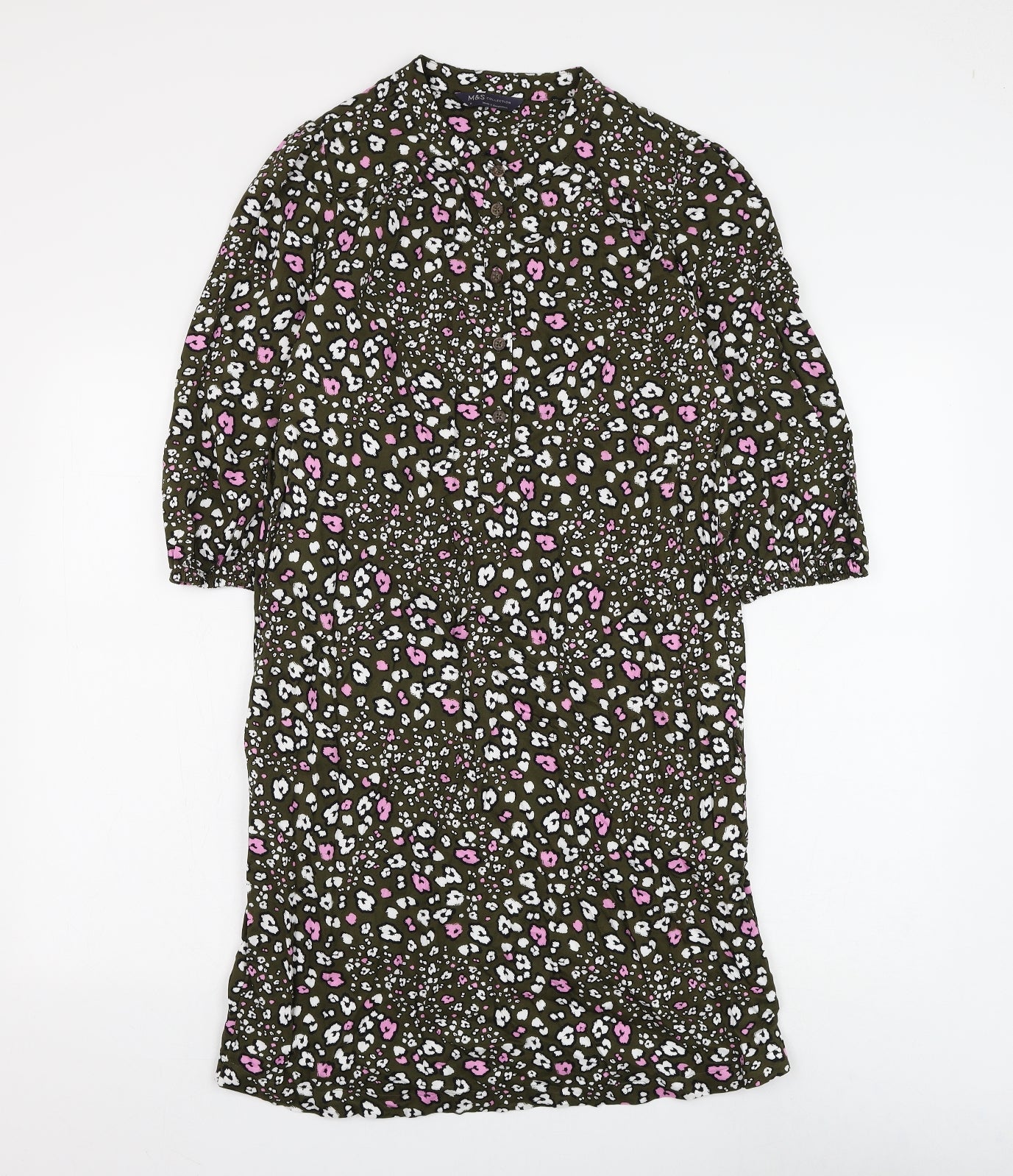 Marks and Spencer Womens Green Floral Viscose Shift Size 8 Round Neck Button