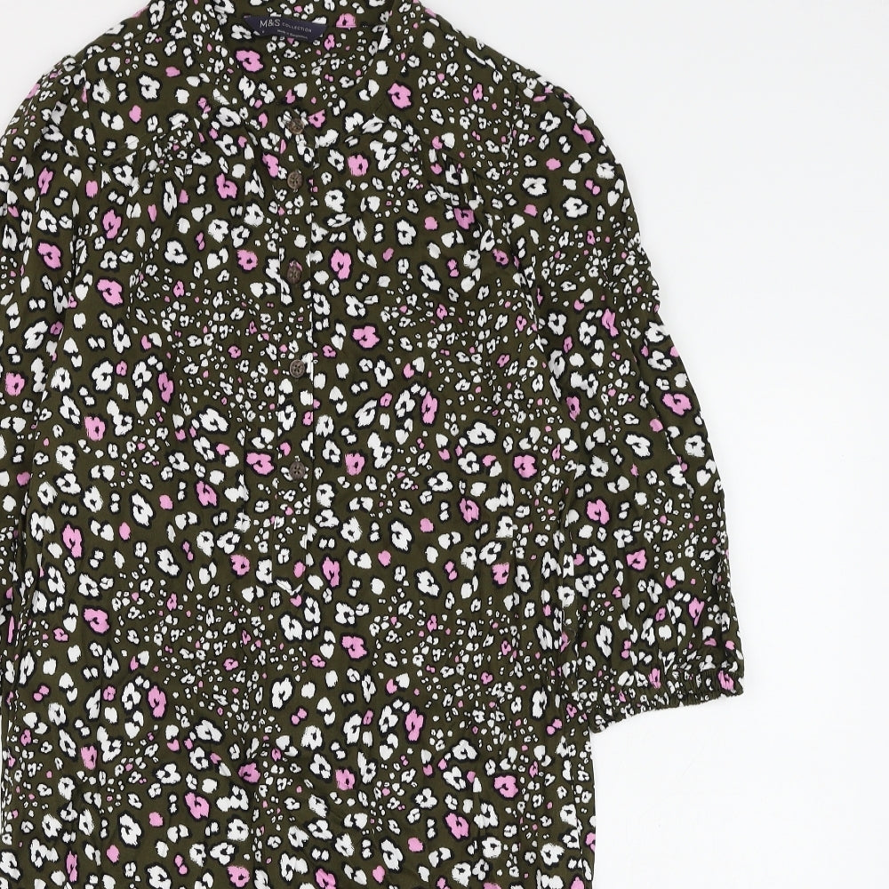Marks and Spencer Womens Green Floral Viscose Shift Size 8 Round Neck Button