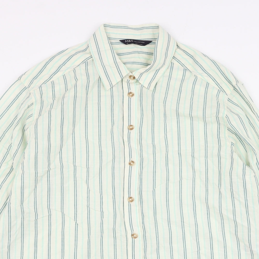 Marks and Spencer Womens White Striped Cotton Basic Button-Up Size 12 Collared