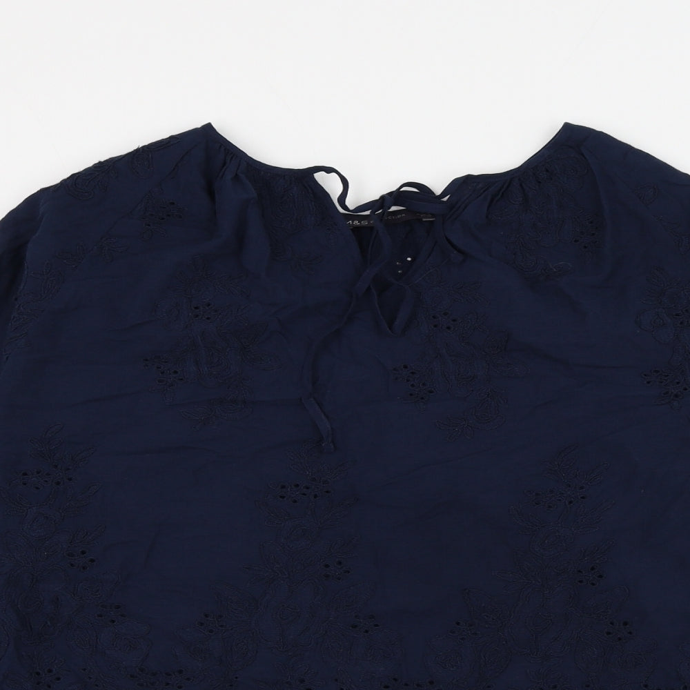 Marks and Spencer Womens Blue Floral Cotton Basic Blouse Size 6 V-Neck