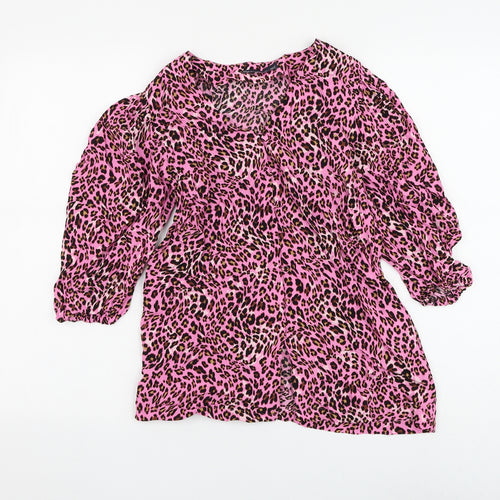 Marks and Spencer Womens Pink Animal Print Viscose Basic Blouse Size 8 V-Neck - Leopard Print