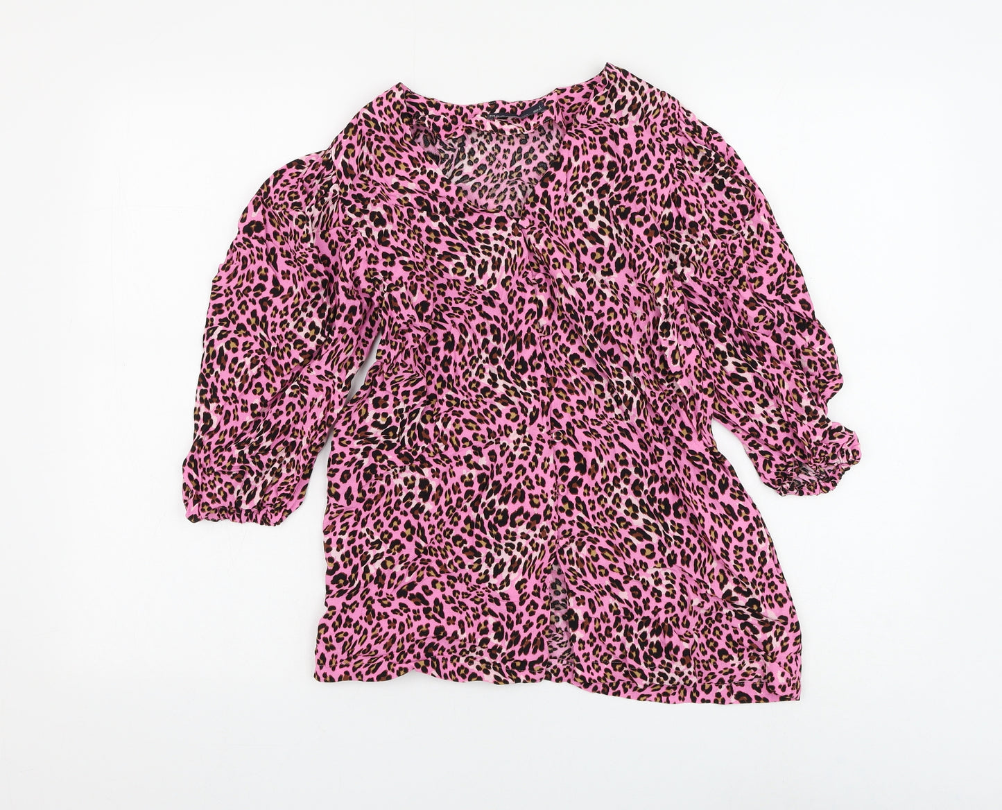 Marks and Spencer Womens Pink Animal Print Viscose Basic Blouse Size 8 V-Neck - Leopard Print