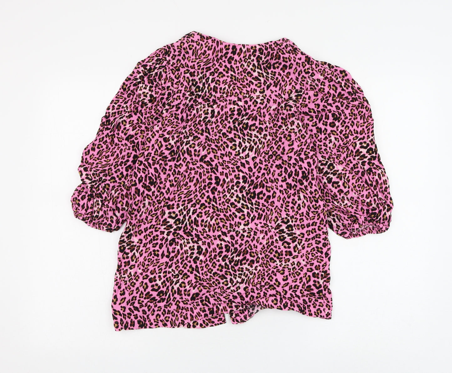 Marks and Spencer Womens Pink Animal Print Viscose Basic Blouse Size 8 V-Neck - Leopard Print