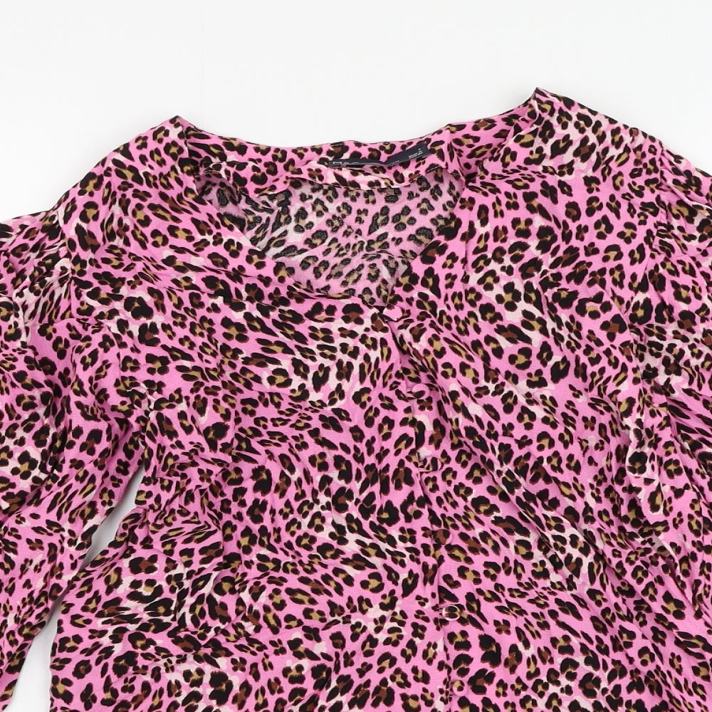 Marks and Spencer Womens Pink Animal Print Viscose Basic Blouse Size 8 V-Neck - Leopard Print