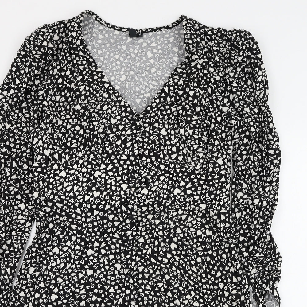 Nobody's Child Womens Black Geometric Viscose A-Line Size 14 V-Neck Button