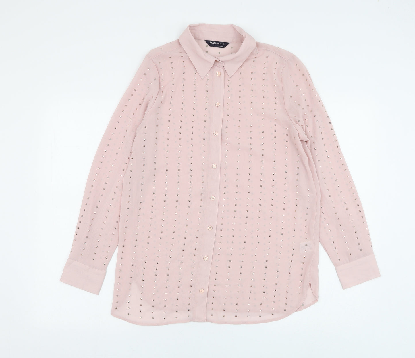 Marks and Spencer Womens Pink Striped Polyester Basic Button-Up Size 8 Collared