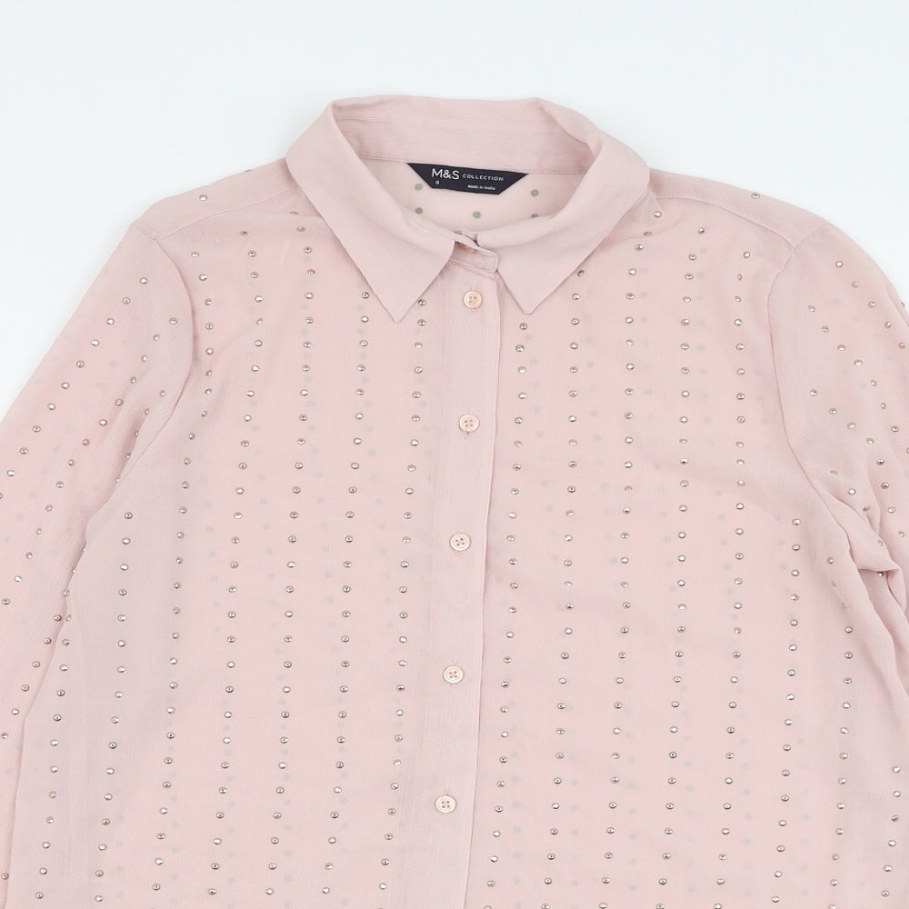 Marks and Spencer Womens Pink Striped Polyester Basic Button-Up Size 8 Collared
