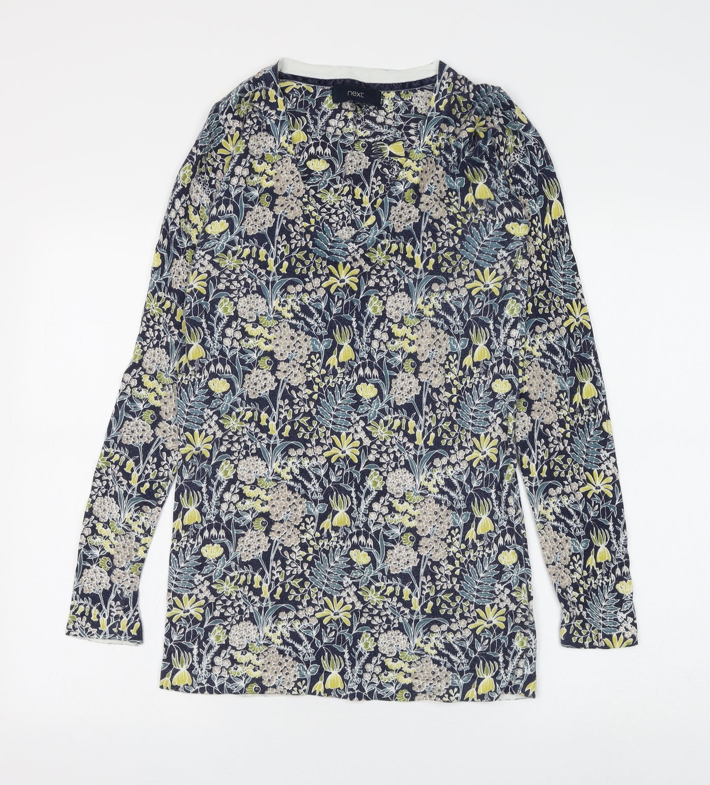 NEXT Womens Blue V-Neck Floral Cotton Pullover Jumper Size 8