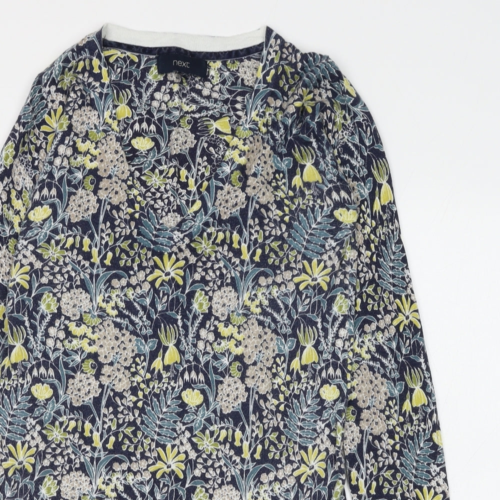 NEXT Womens Blue V-Neck Floral Cotton Pullover Jumper Size 8