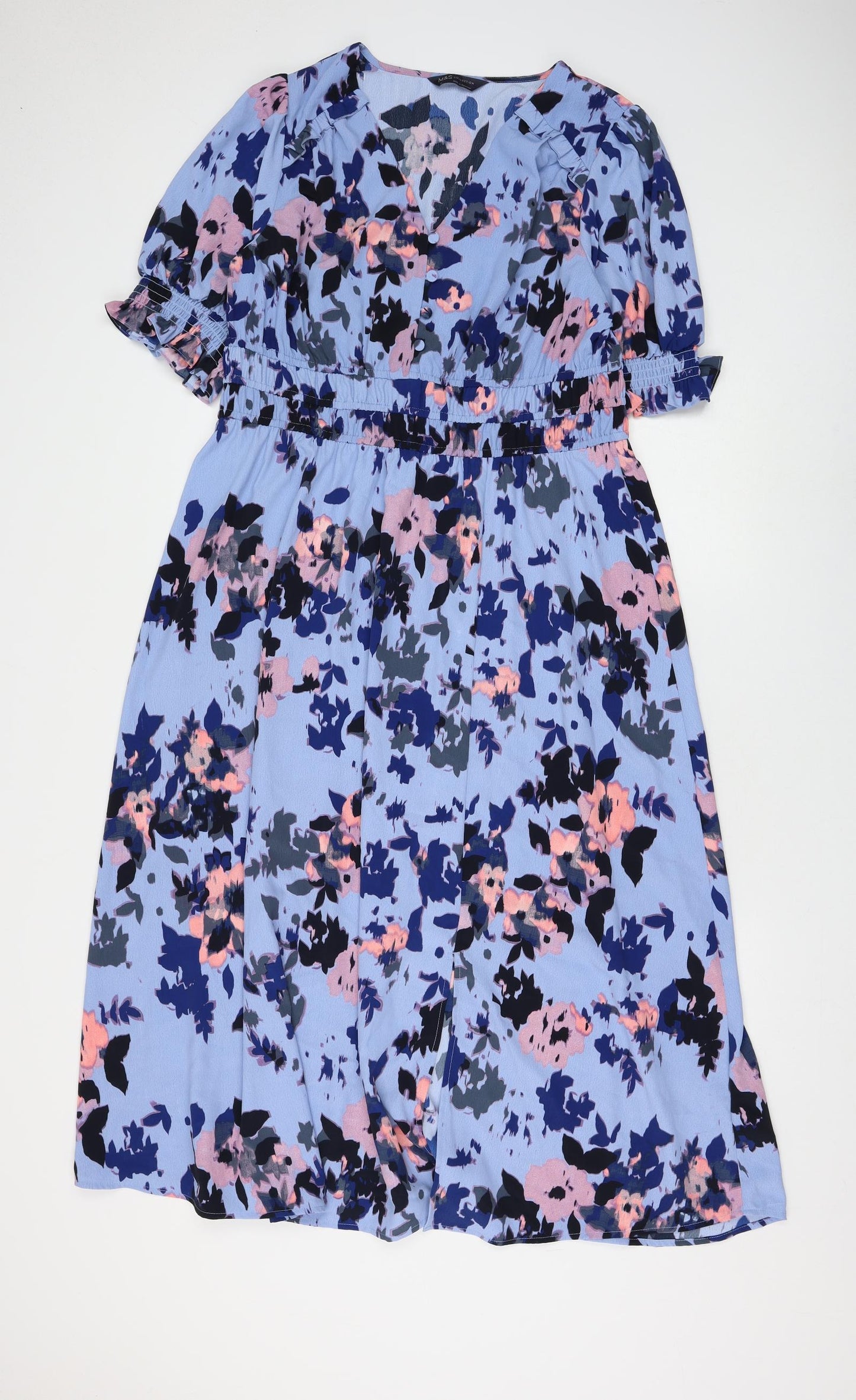 Marks and Spencer Womens Blue Floral Polyester Fit & Flare Size 14 V-Neck Button