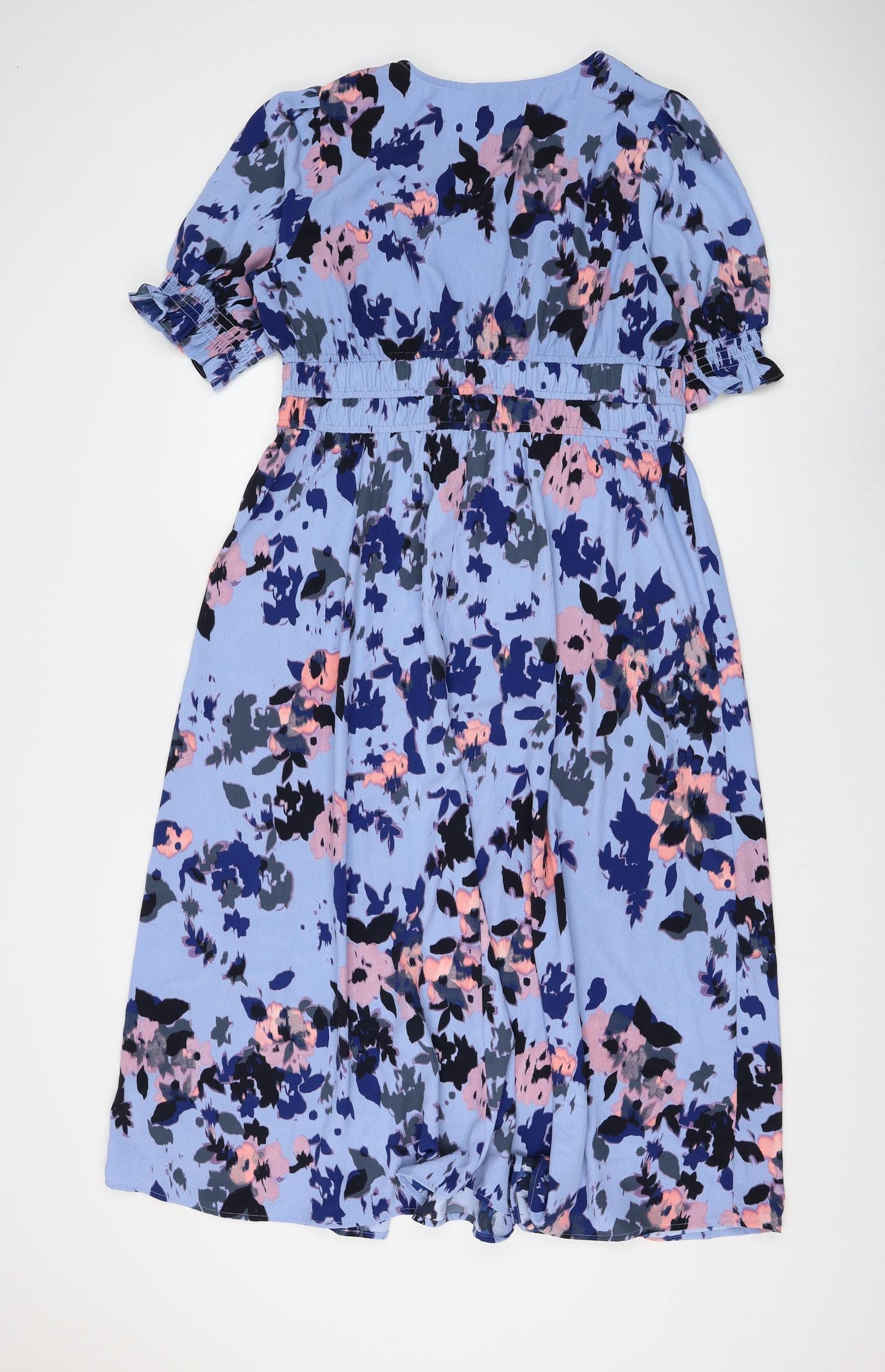 Marks and Spencer Womens Blue Floral Polyester Fit & Flare Size 14 V-Neck Button