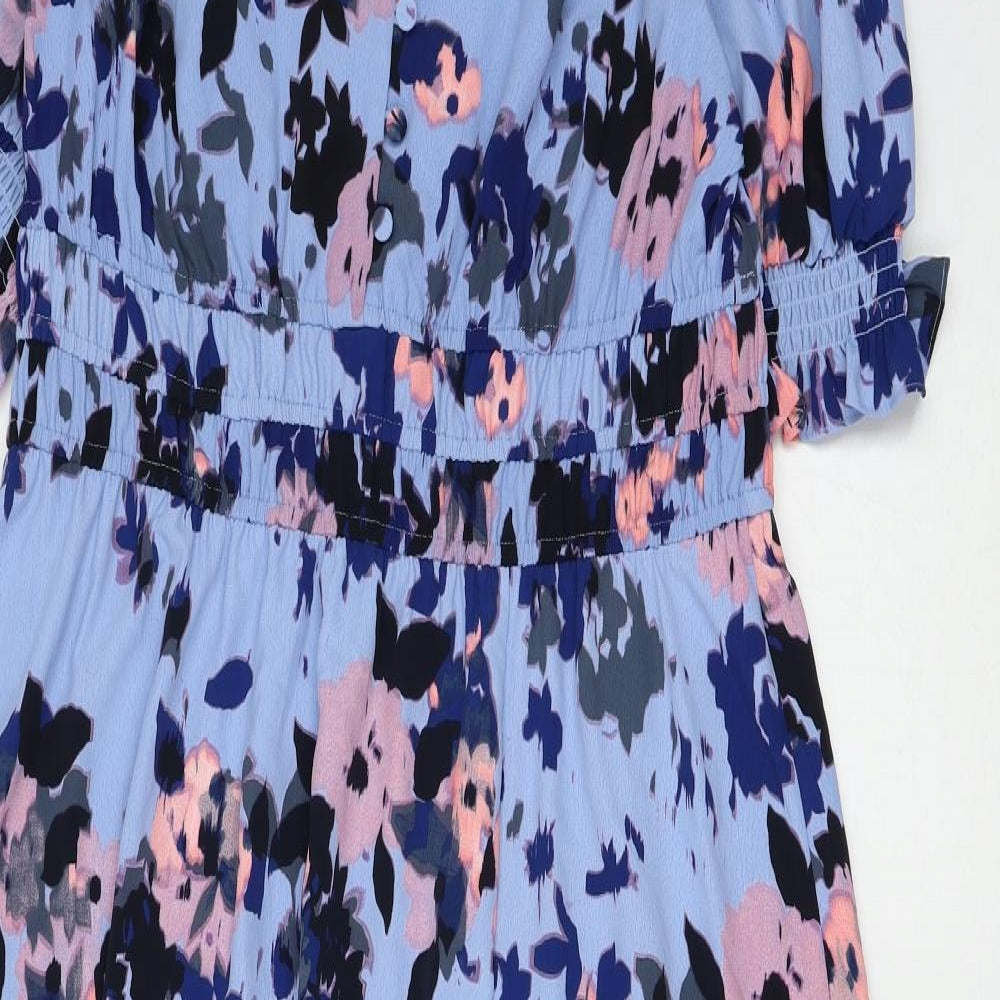 Marks and Spencer Womens Blue Floral Polyester Fit & Flare Size 14 V-Neck Button