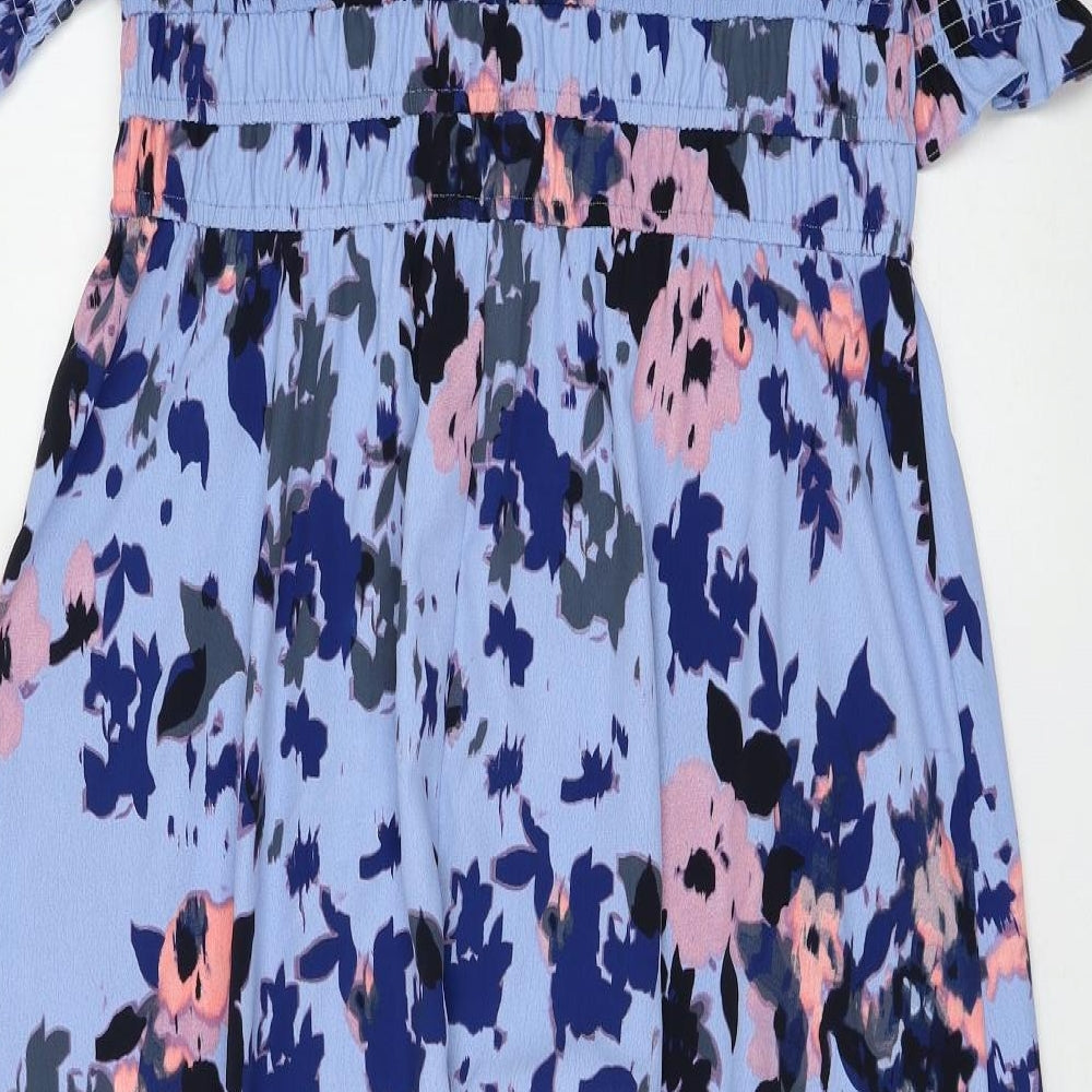 Marks and Spencer Womens Blue Floral Polyester Fit & Flare Size 14 V-Neck Button