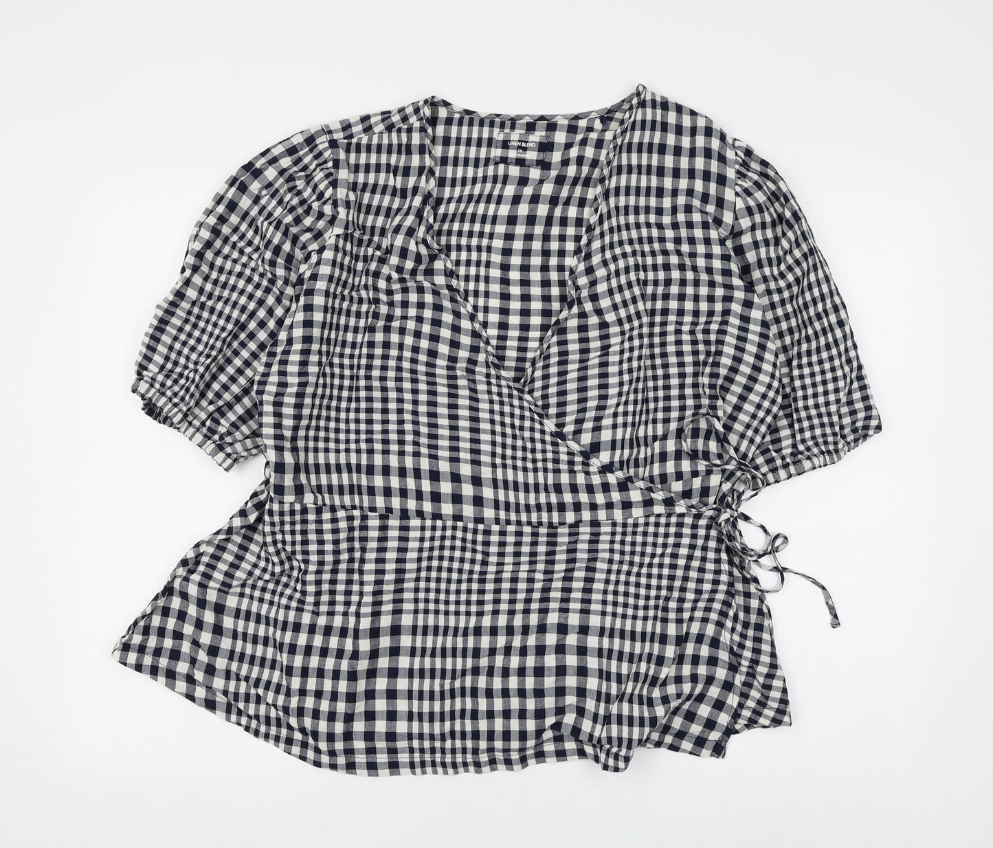 Marks and Spencer Womens Blue Check Viscose Wrap Blouse Size 18 V-Neck