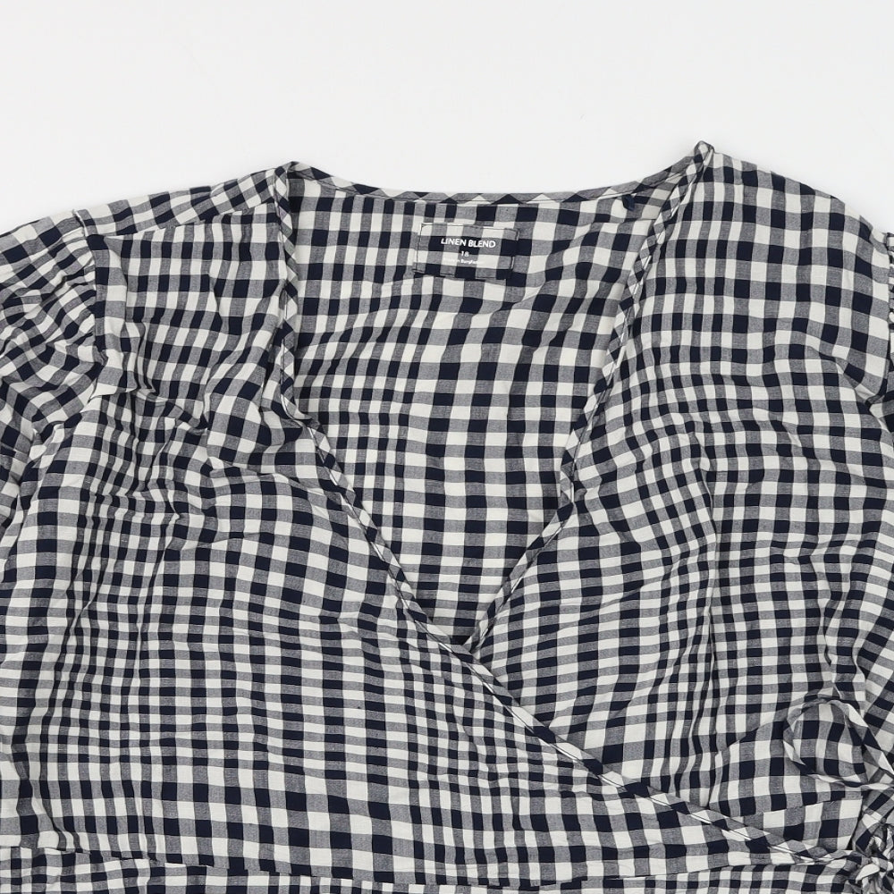 Marks and Spencer Womens Blue Check Viscose Wrap Blouse Size 18 V-Neck