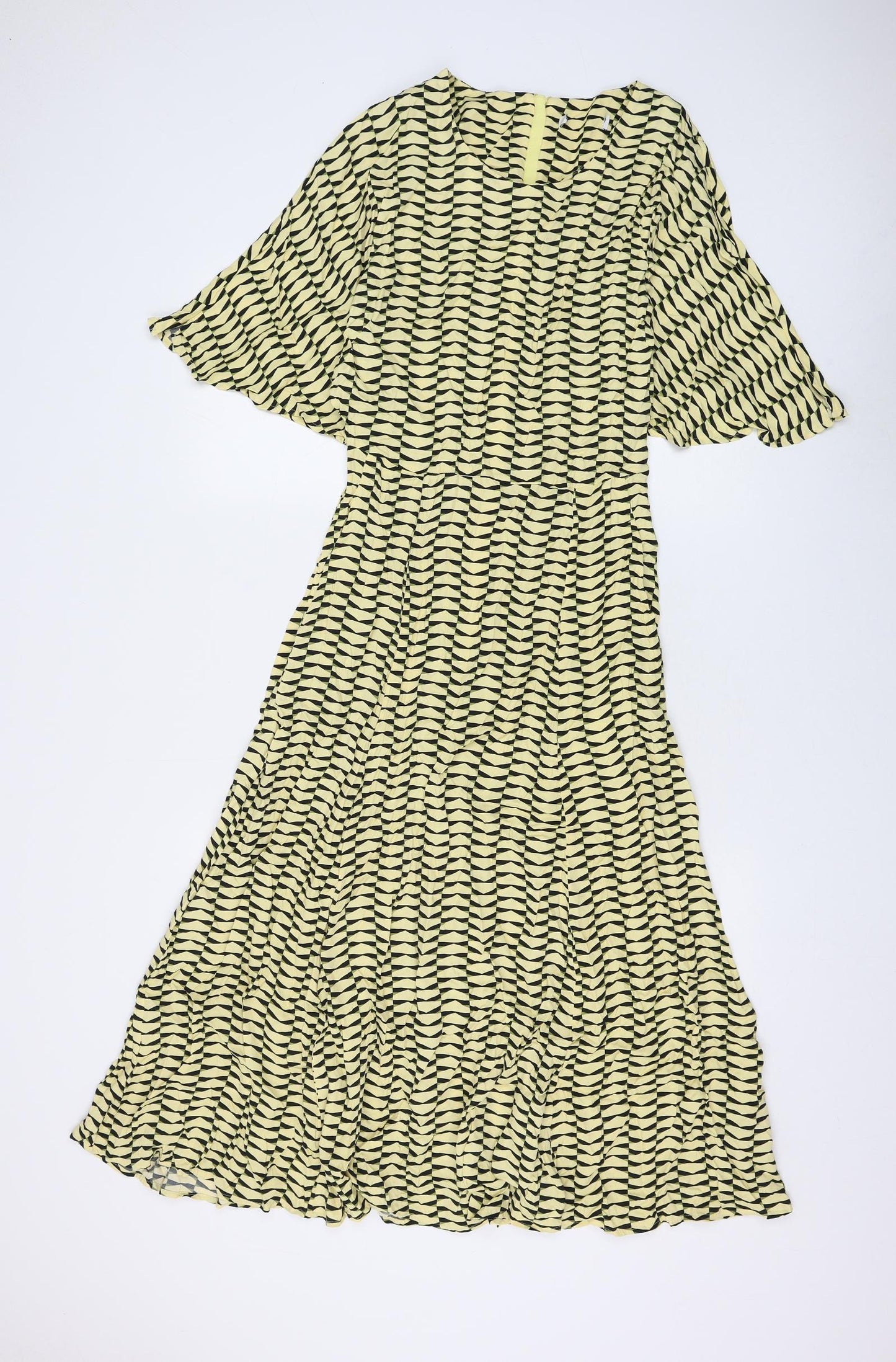 Marks and Spencer Womens Yellow Geometric Viscose Fit & Flare Size 10 Round Neck Zip