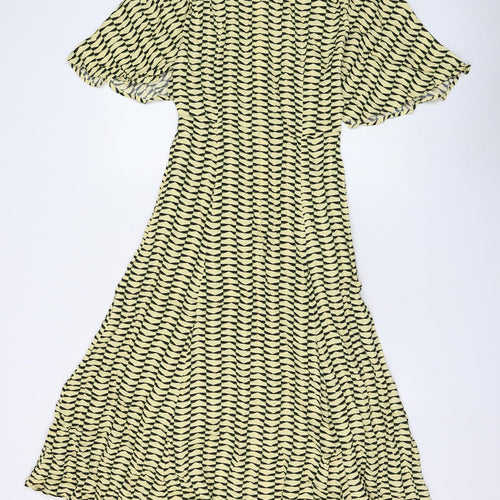 Marks and Spencer Womens Yellow Geometric Viscose Fit & Flare Size 10 Round Neck Zip