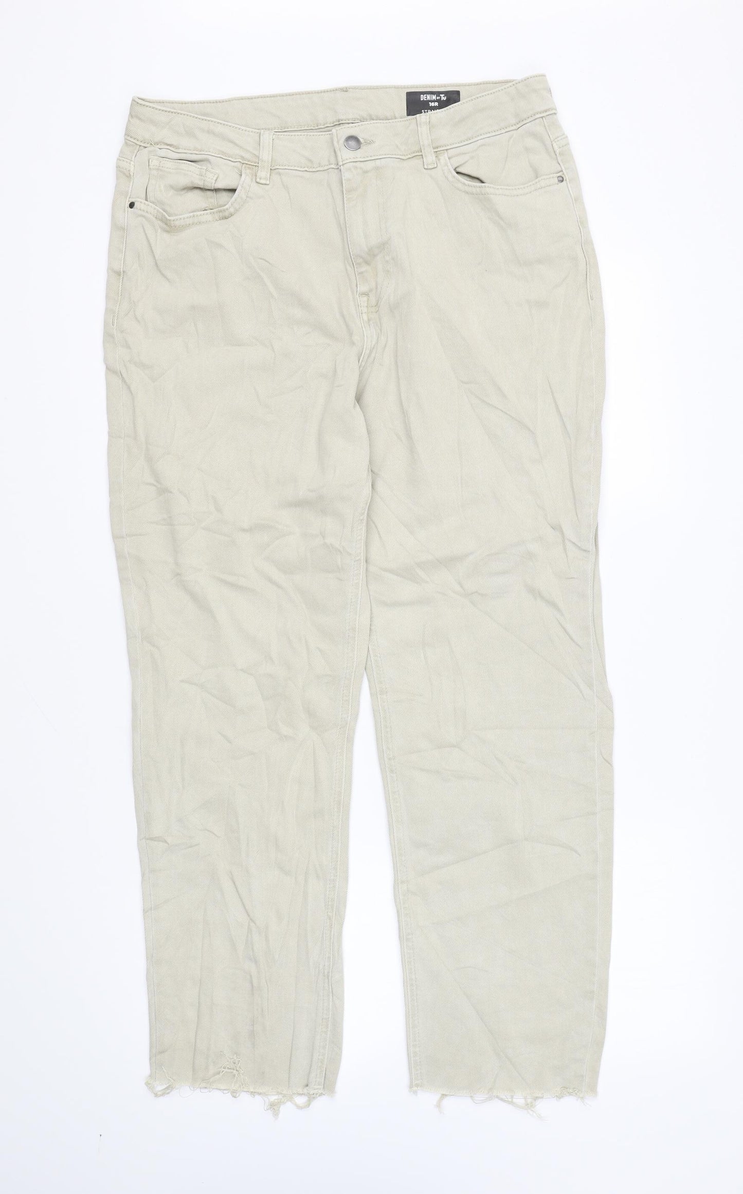TU Mens Beige Cotton Straight Jeans Size 16 L27 in Regular Zip