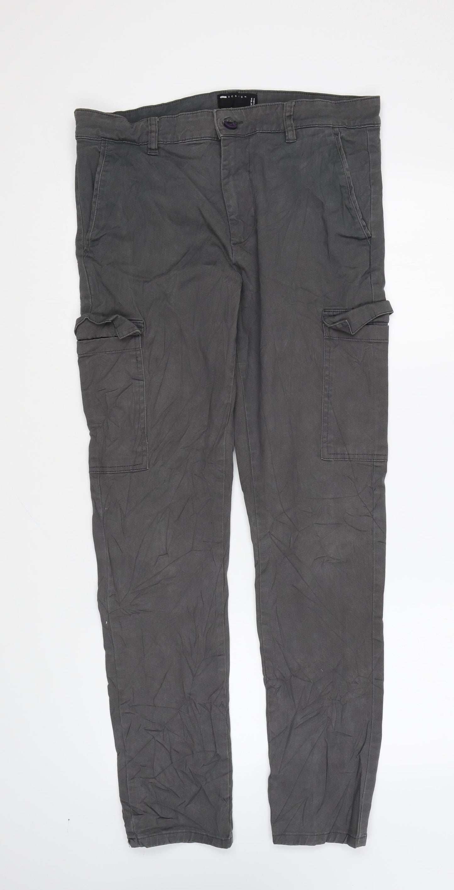 ASOS Mens Grey Cotton Cargo Trousers Size 32 in L32 in Regular Button
