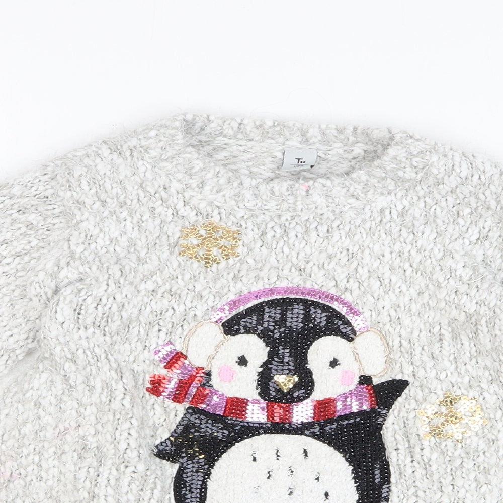 TU Girls Grey Round Neck Polyester Pullover Jumper Size 7 Years Pullover - Penguin